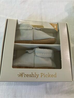 Freshly Picked Light Blue & White Striped Baby Moccasins